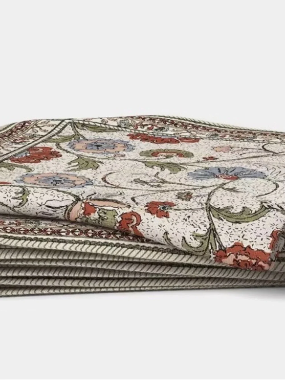 Floral Block Print Dinner Napkins in Cream, Red and Green